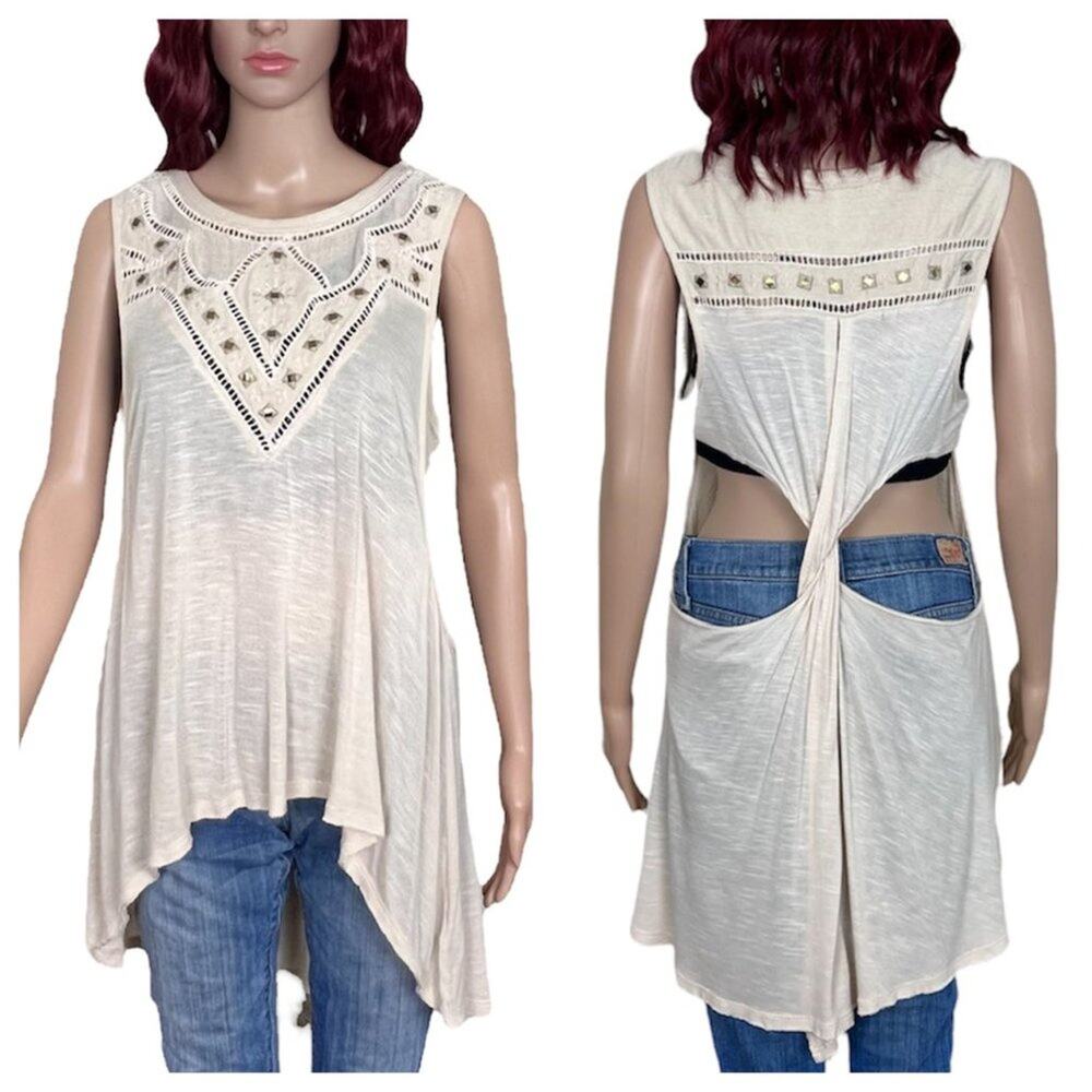 Free People Studded Cutout Top Medium Beige Sleeveless